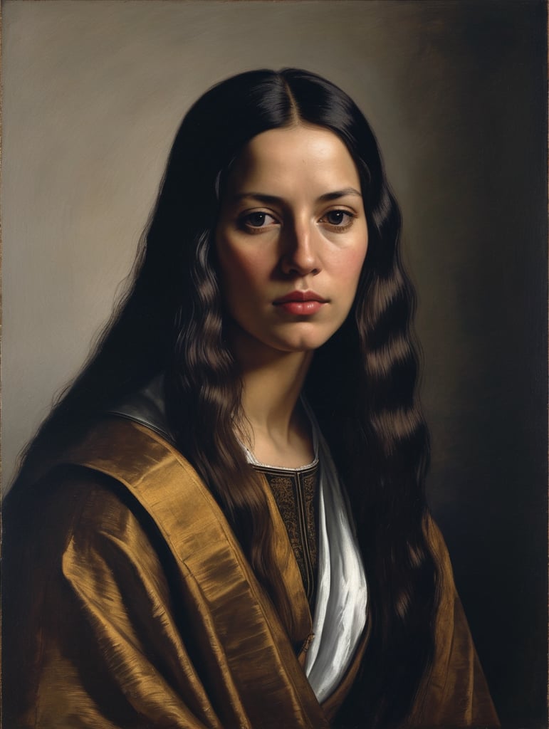 A masterpiece portrait by Diego Velázquez of a beautiful saint woman, straight hair