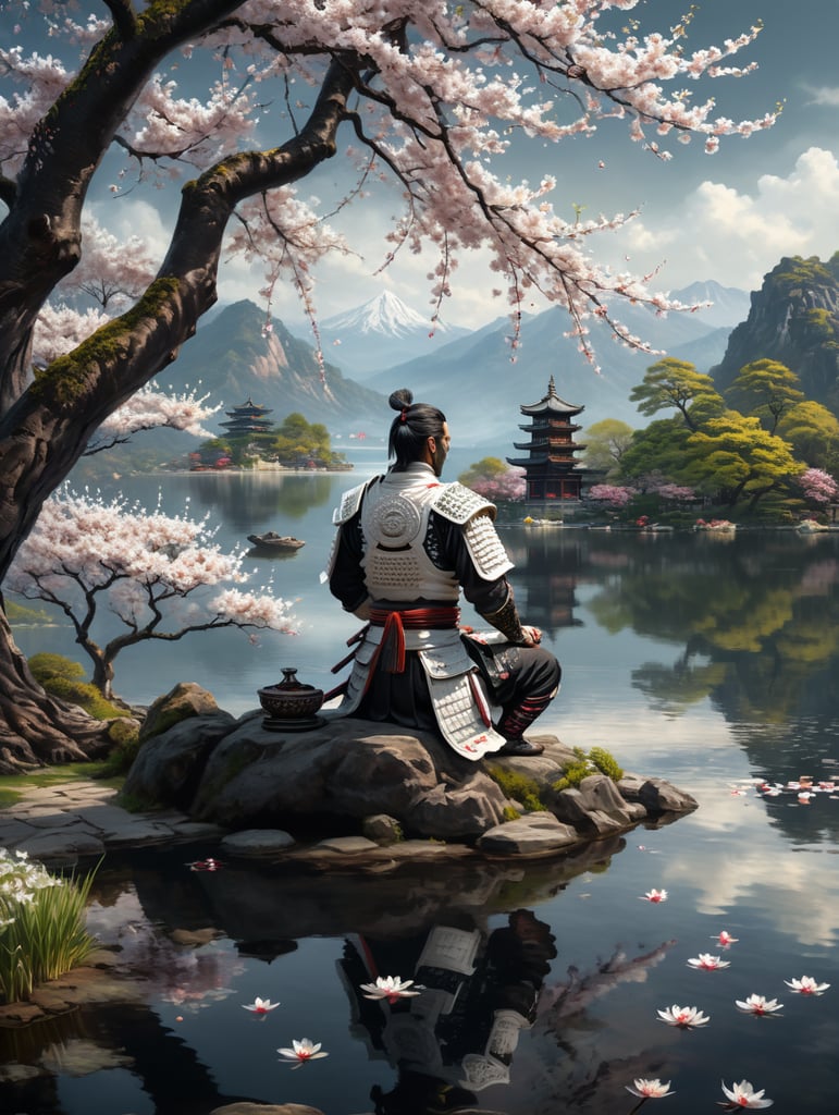 Samurai in white meditating facing the lake next to a blossom tree