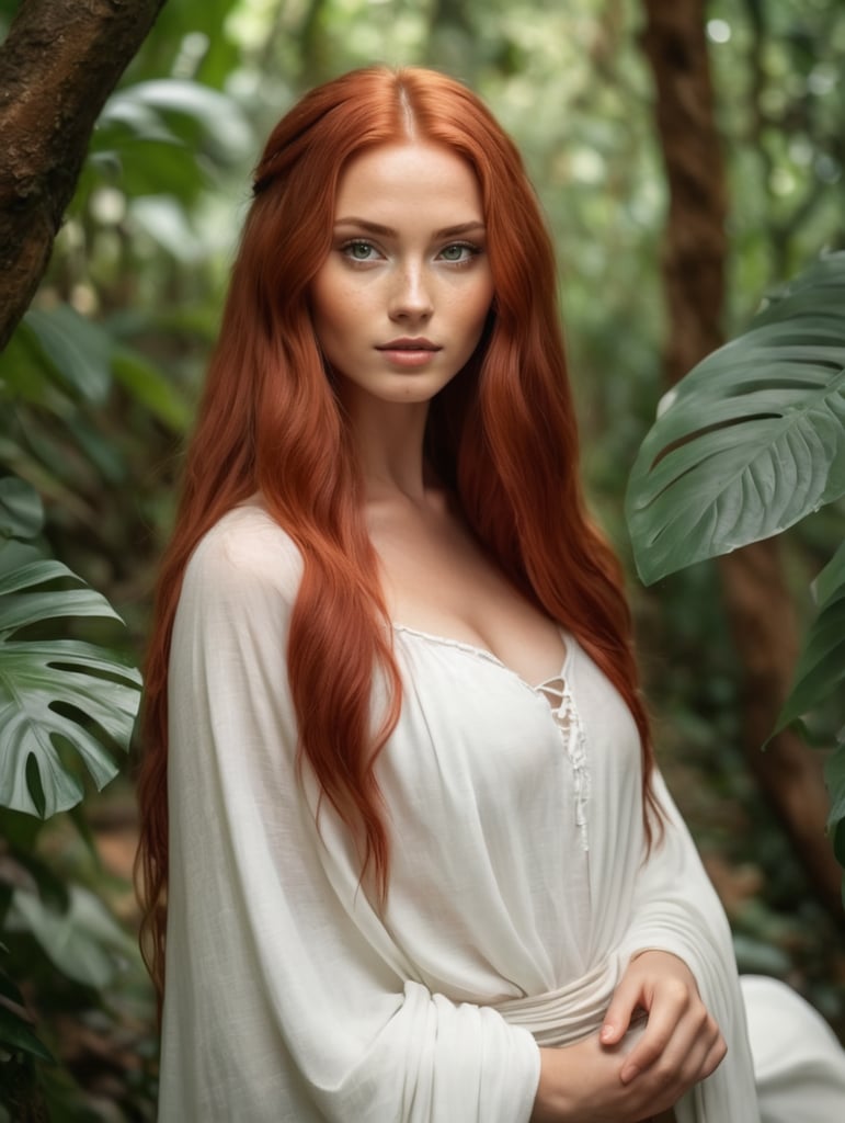 Beautiful, cute young European woman with a roundish face with long flowing red hair wearing a white loincloth in jungle setting.