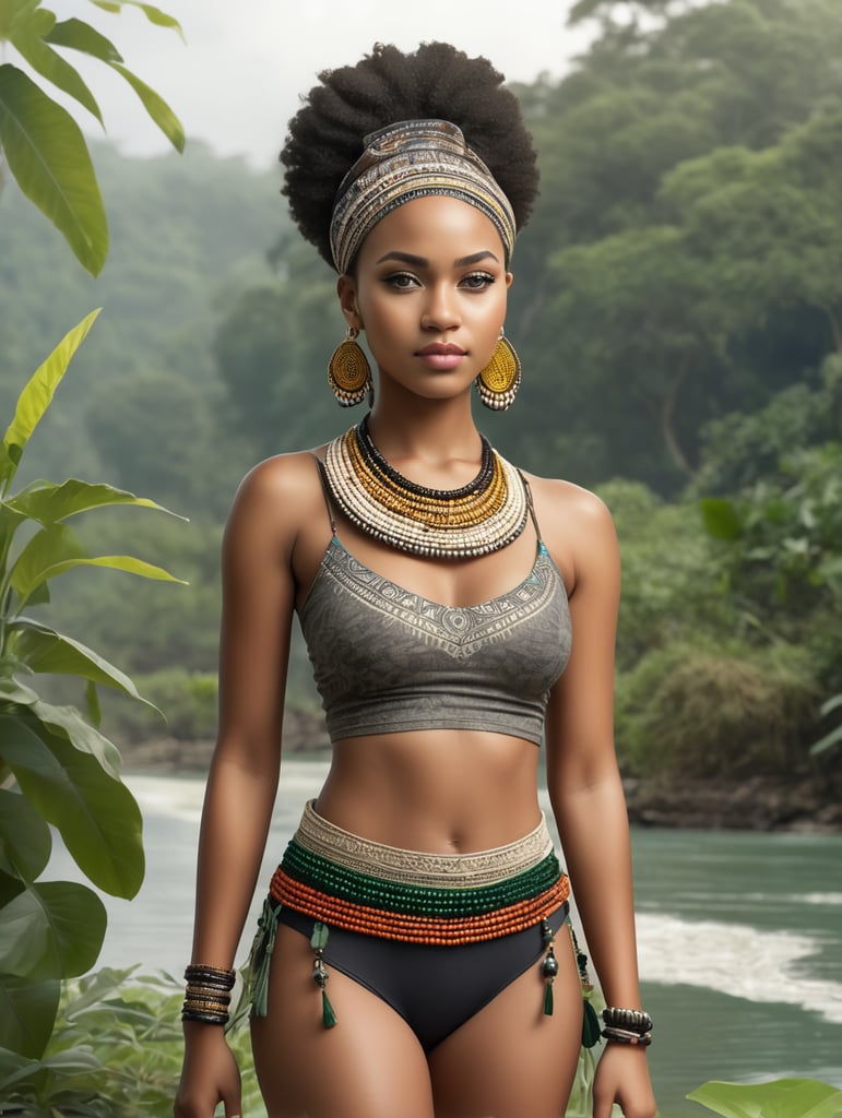 Generate a realist full body picture of Sungura, A 20 year old light skinned African woman, with a pulled back Afro hair with an african hair band short haircut wearing an African tribal attire and a beaded necklace standing standing by the river surrounded with lush greenery in a 16:9 aspect ratio image