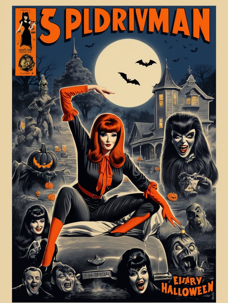 1950's b-movie horror halloween t-shirt print design featuring Elvira
