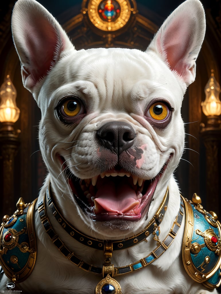 A Disney Pixar-inspired movie poster with title "Theodora". In the image a white french bulldog with a black rigth eye and nose, with black eyes and a smiling face. The scene should be in the distinct digital art style of Pixar, with a focus on character expressions, vibrant colors, and detailed textures that are characteristic of th animations, with the title "Argos"