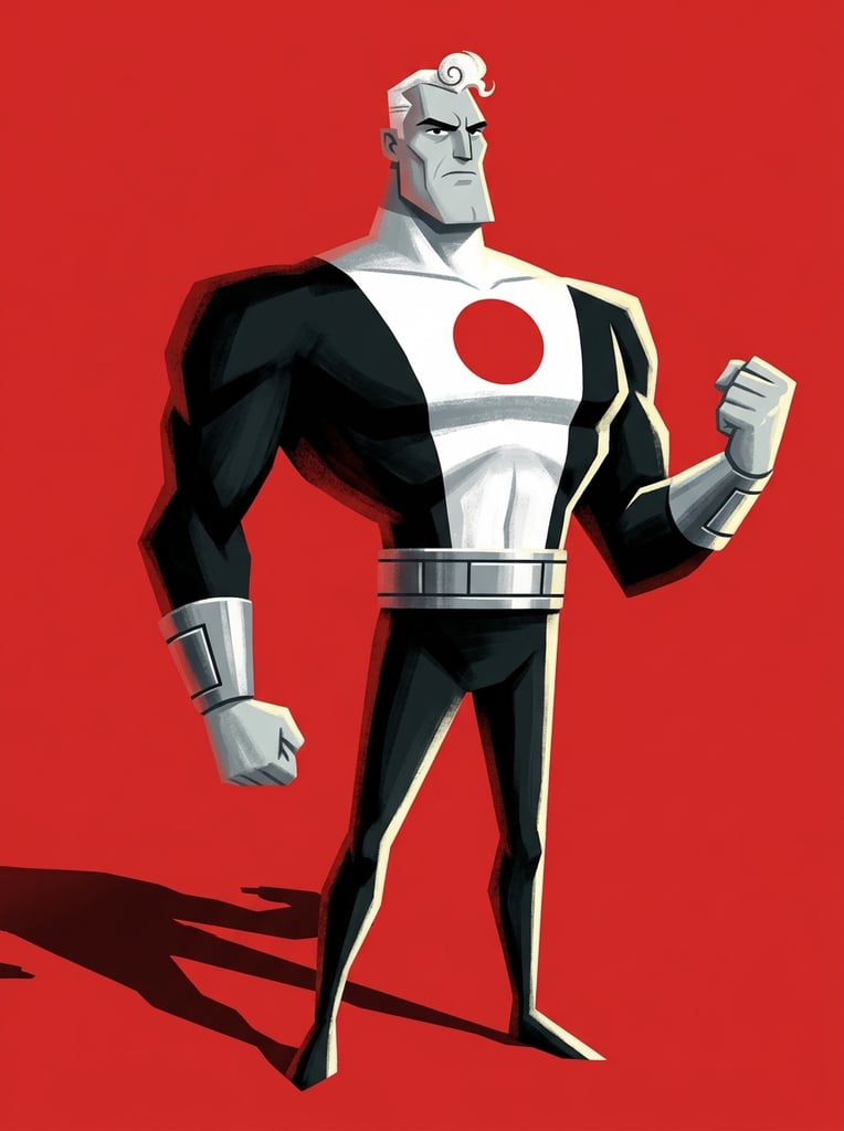 A highly stylized digital illustration of a commanding man with extremely exaggerated, geometric proportions standing rigidly against a solid, vibrant red background. The figure features a massive, blocky chest tapering dramatically to a microscopic waist and needle-thin legs. His exceptionally tiny head has a sharp, angular jawline, a stern gaze, and a small tuft of curly white hair. He wears a sleek black and white bodysuit adorned with a bold red circular emblem on the chest, a thick silver metallic belt, and silver wrist gauntlets. His pale grey skin contrasts with the stark uniform as he poses stoically with one clenched fist. Strong directional light illuminates him from the right, casting a long, sharp dark shadow to the lower left, emphasizing the retro-futuristic, mid-century modern animation aesthetic characterized by hard-edged geometric shapes and textured, painterly shading.
