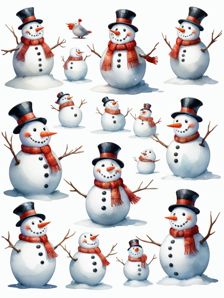 Snowman, different angles and expressions, full body only character sheets, multiple poses, white background, whimsical watercolor