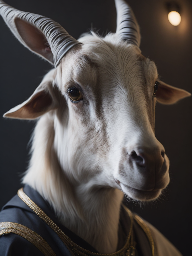 Portrait of a goat's head wearing a catholic pope's dress, cinematic lighting, cyberpunk, octane render, color grading, shot on 35 mm lense, depth of field, dof, tilt blur, shutter speed, white balance, super resolution, hdr, megapixel, pro photo rgb, halfrear lighting, backlight, natural lighting, incandescent, optical fiber, moody lighting, global illumination, path tracing, studio lighting, soft lighting, -ray tracing --diffraction grading --chromatic aberration --gb displacement --ambient occlusion --txaa --post processing -- cell shading --tone mapping --cgi --vfx--insanely detailed and intricate