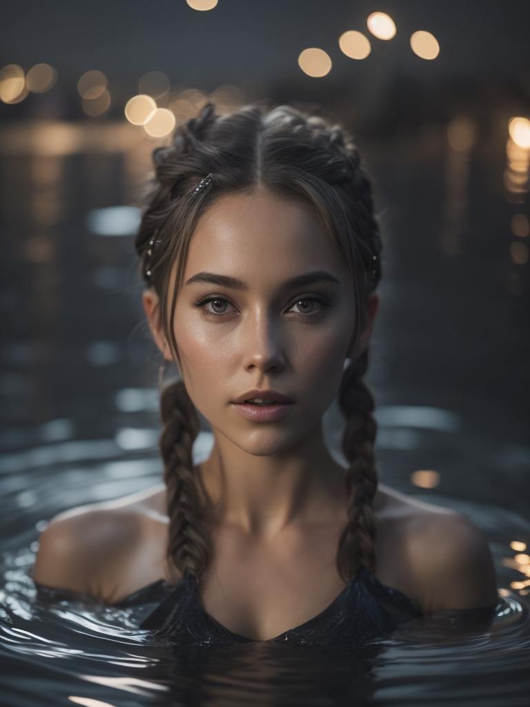 realistic looking mermaid in dark water with viking braids and a stern face beautiful at night with a lot of detail