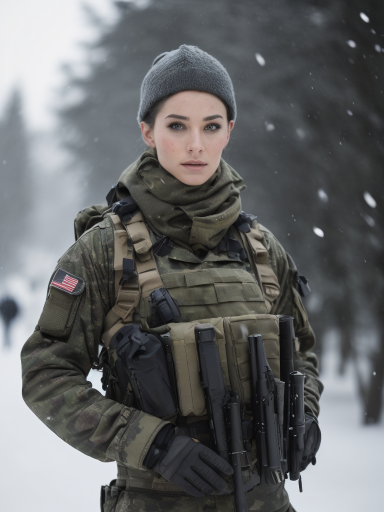 (photorealistic), beautiful lighting, best quality, realistic, full body portrait, real picture, intricate details, depth of field, 1girl, in a cold snowstorm, A very muscular solider girl with haircut, wearing winter camo military fatigues, camo plate carrier rig, combat gloves, (magazin pouches), (kneepads), highly-detailed, perfect face, blue eyes, lips, wide hips, small waist, tall, make up, tacticool, Fujifilm XT3, outdoors, bright day, Beautiful lighting, RAW photo, 8k uhd, film grain, ((bokeh))