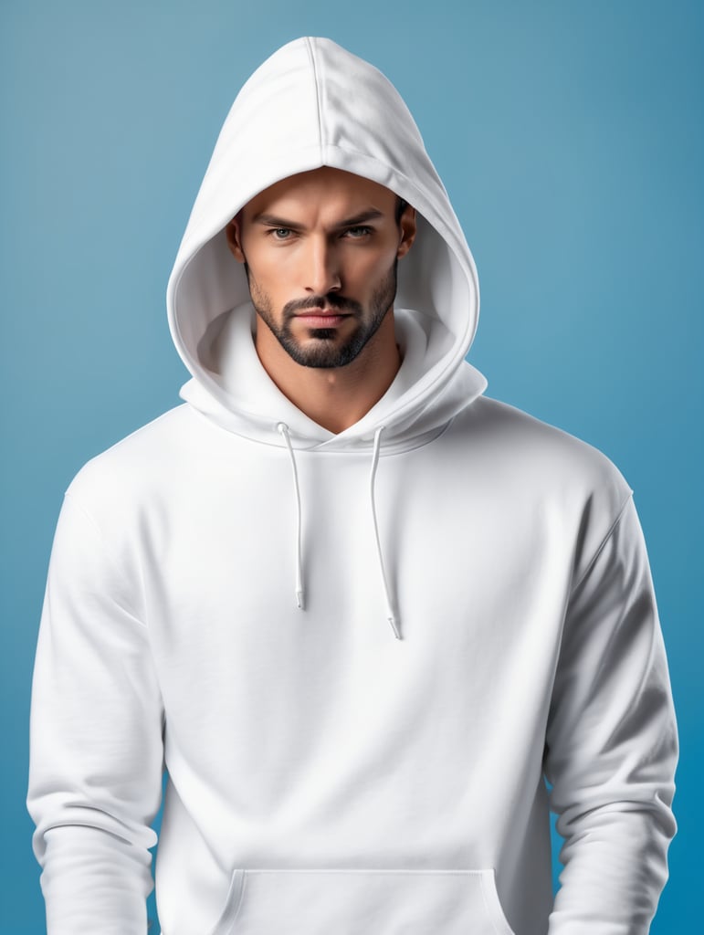 a man wearing blank white hoodie, isolated, blue background, style of Miles Aldridge, mockup, mock up