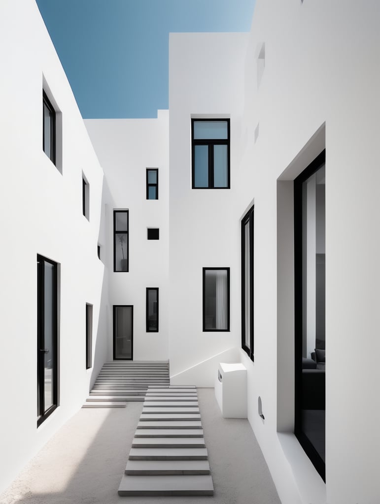 Give me an example for minimalistic white buildings make sure that they are connected and make room for a simple minimalistic windows and doors , keep in mind that the buildings are for residential use , add a entrance with stairs and raise the number of stories to 6 and the number of buildings combined to 4 And give me a picture that shows the whole buildings together