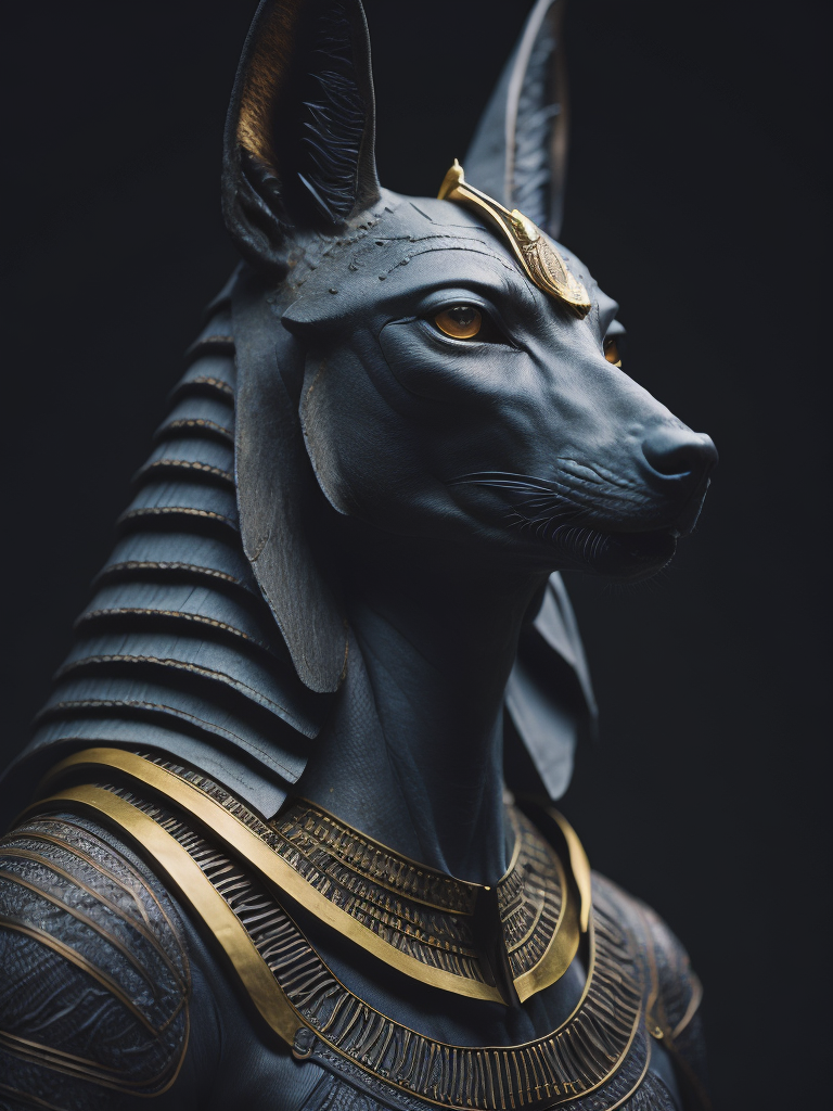 Egyptian god Anubis, portrait, hyper-realistic, dark style, focus on face, sharp on details, black background