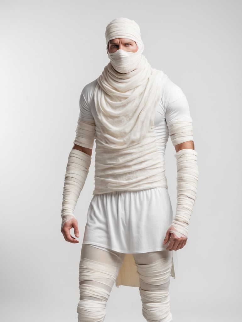 A photograph of man covered in bandages with realistic style, halloween costume, white background, full body, show hands, show neck and head