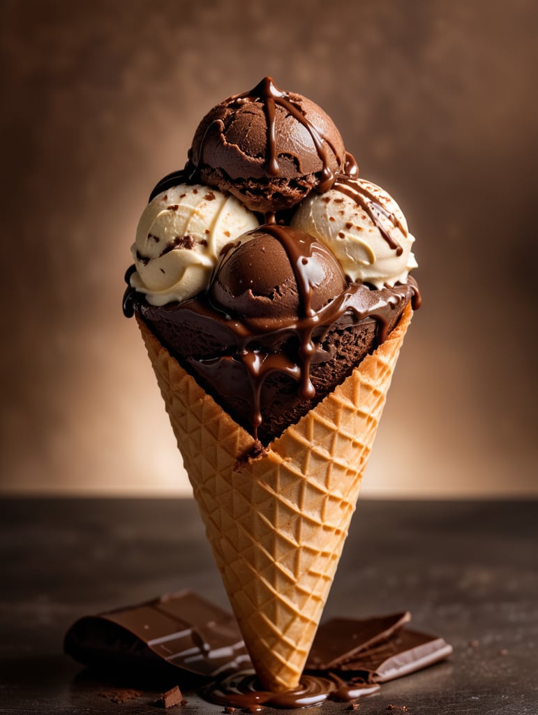 chocolate ice cream cone on chocolate background