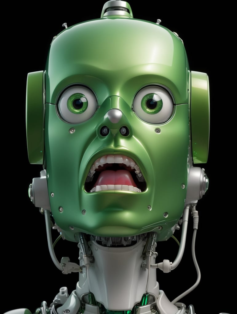shocked face expression robot, a robot who looks like it's from the future, in the style of thomas sully, green, emotive portraiture, craig mccracken, john larriva, shiny glossy, square eyes