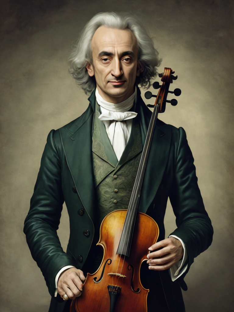 Antonio Lucio Vivaldi with a violin, in a 18th century green suit, Detailed image, detailed face,