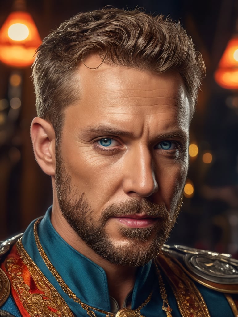 Portrait of Thorsten Simon, bright and saturated colors, elegant, highly detailed, vogue, fashion magazine, sharp focus, bright expressive makeup, dramatic lighting, depth of field, incredibly high detailed, blurred background'