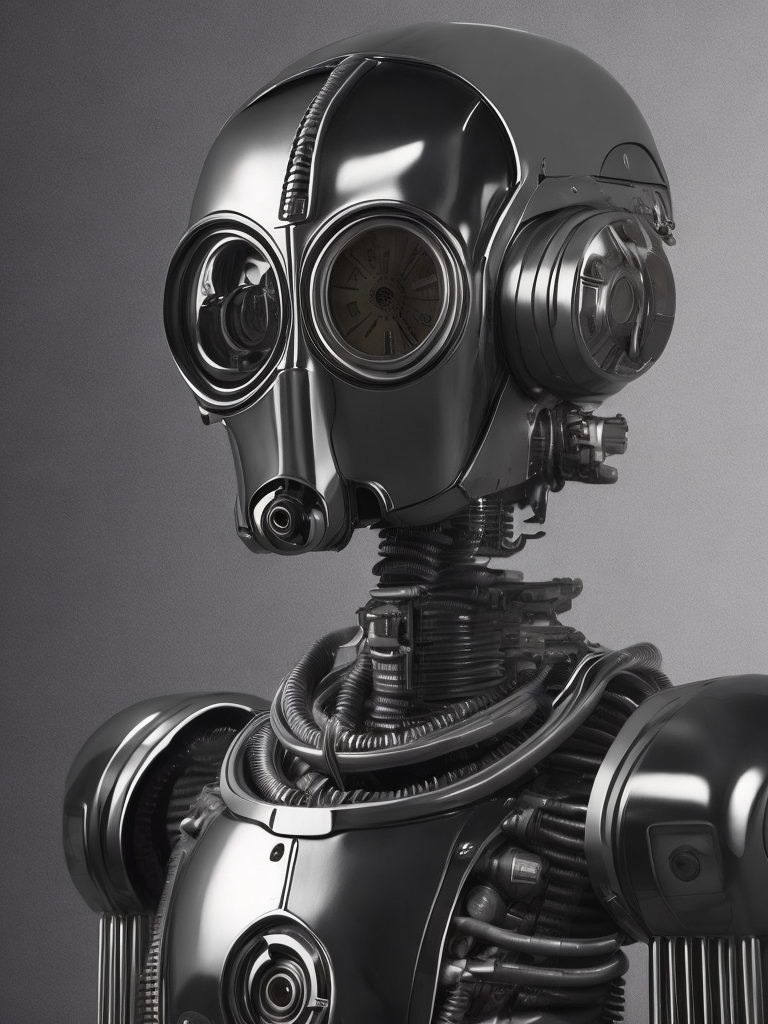 K-2SO, in the style of mechanical realism, iconic album covers, pencilsteampunk, angelcore, detailed facial features, chrome-plated, undefined anatomy