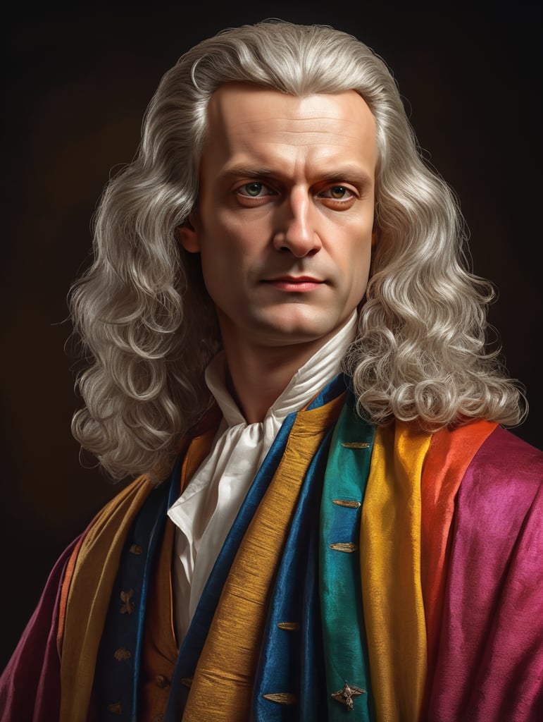 standing centered Portrait of Isaac Newton, bright and saturated colors, highly detailed, sharp focus, Bright expressive, Dramatic Lighting, Depth of field, Incredibly high detailed, on a white background