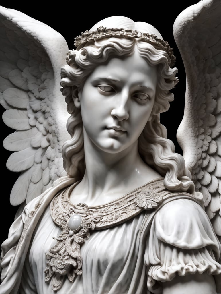 Marble antique angel in VR glasses Google. Isolated black background.