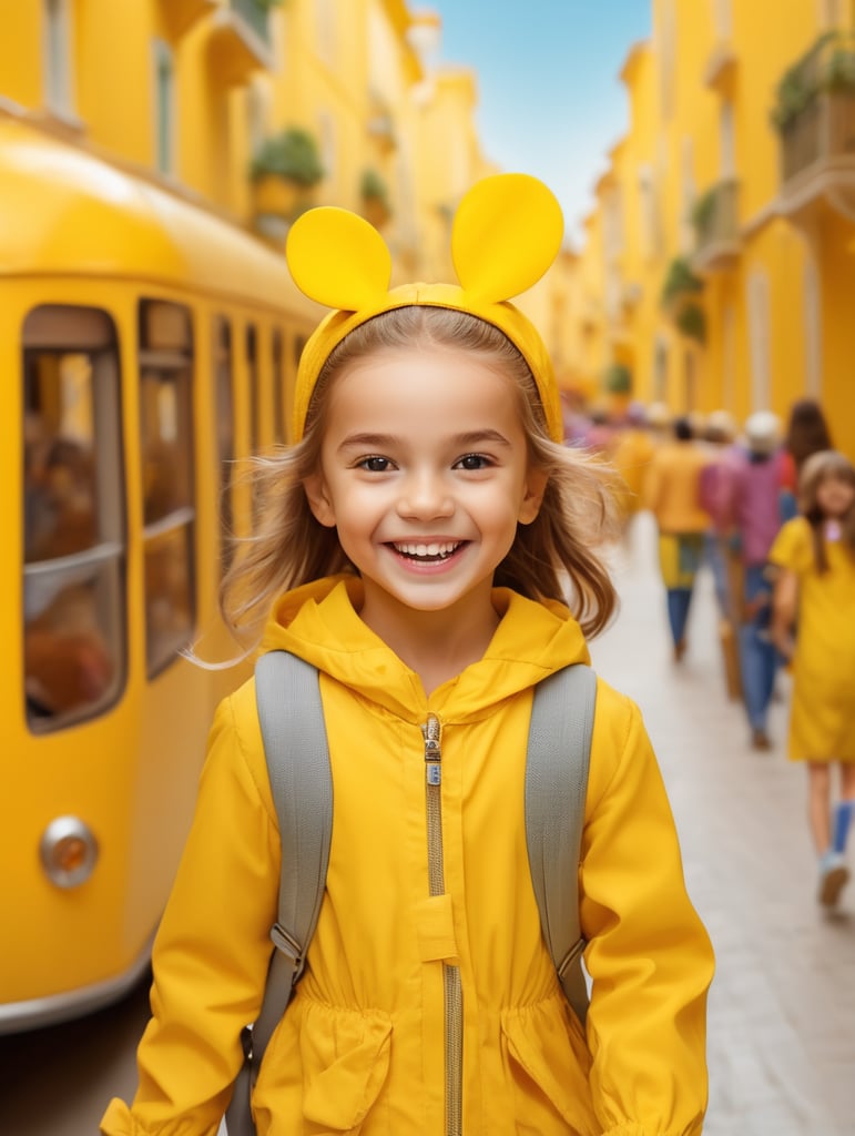 photo happy little girl going to travel, cute girl, dressed in all yellow, yellow background, harpers bizarre, cover, headshot, hyper realistic