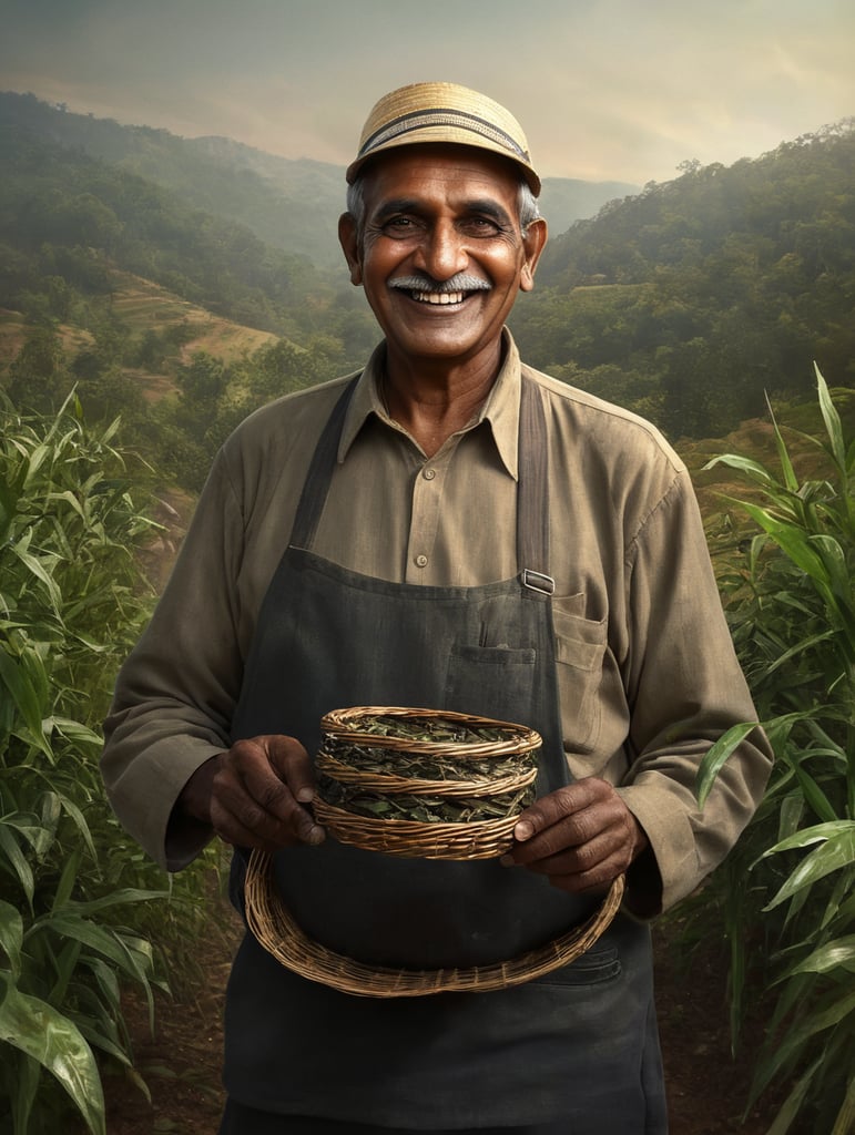 a smiling tea 70 year old indian farmer holding tea leaves in his small bamboo basket in his hands