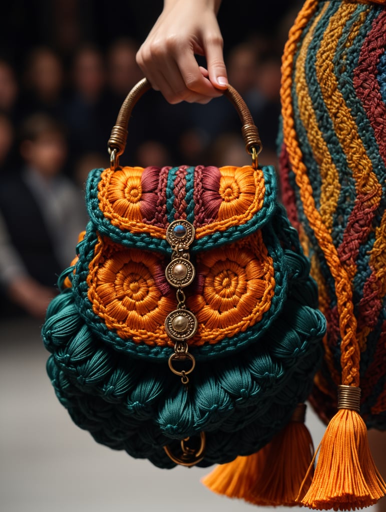 a closeup photo of a small puffy macrame purse made with puffy cords, vogue fashion show, autumn colors