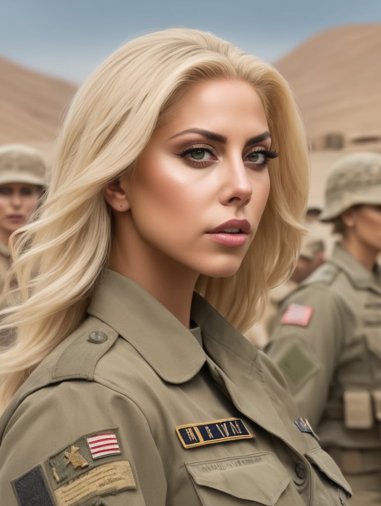 Beautiful Lady Gaga blonde hair in a desert military base with group of Military wives hd hdr photorealistic
