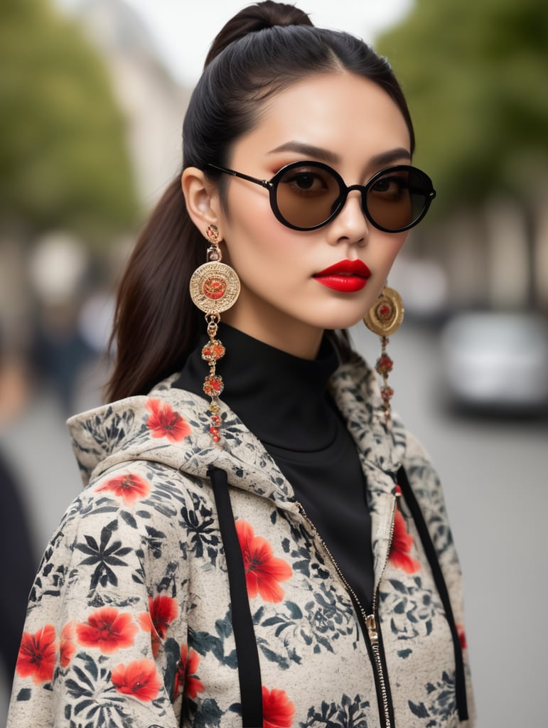 asian young female model, long bob dark hair, big eyebrows, slender body, big red lips, soft make-up, big long floral silicone earring, long silicone floral necklace, exotic aztec, mayan inspired, black geometric sunglases, chunky frame, floral jogging attire, flora hoodie, in Paris, back view, 35mm lens, bokeh, alexa chung style, karl lagerfeld ponytail