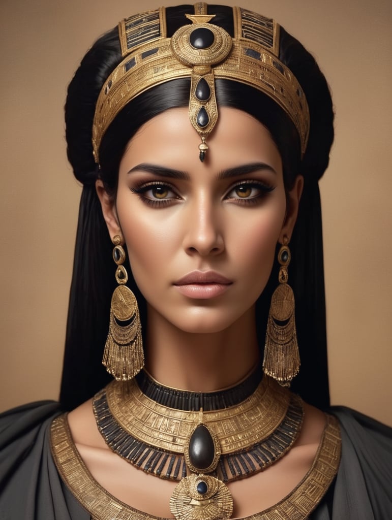 beautiful ancient egypt queen, dark cloth, dark hair, brown eyes, head accessories