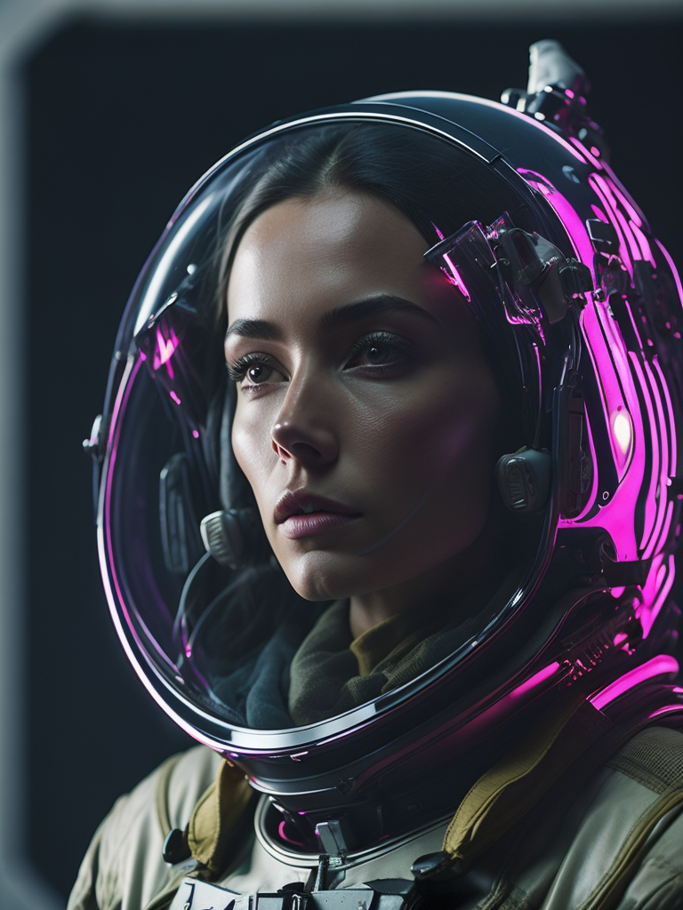 astronauta perdido en el espacio, con un halo de luz magenta que le traspasa el visor del casco, la imagen es de cuerpo completo retro futurista