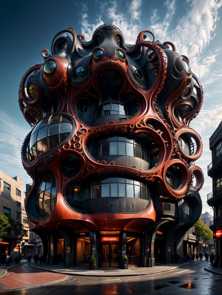 the craziest, bentwood, far view lens architectural modern style hyper realistic hyper detailed neocosmic exterior architecture design of a octopus Fluid complex facade, geometric shapes spectrum, black::1 red:3, Antoine Blanchard architecture art style, in new York city, dramatic ambient, natural lighting