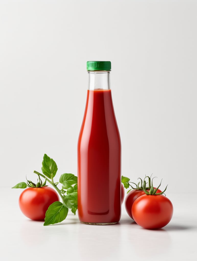 tomato ketchup bottle, red tomato with green leaves, isolated, white background, mockup