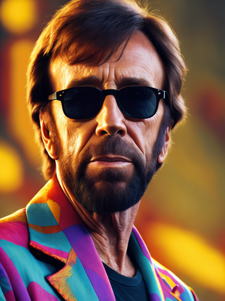 Chuck Norris wearing a brightly patterned jacket and wayfarer glasses, Vivid saturated colors, Contrast color