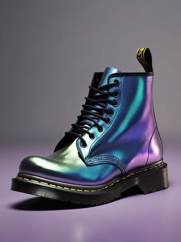 MADE OF IRIDESCENT FOIL + a holographic transparent shoe by dr.martens, octane render, blender, realistic, detailed