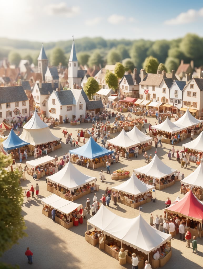 A medieval-inspired creative concept is depicted in a tilt-shift photograph capturing the joyful ambiance of a village fete and fair