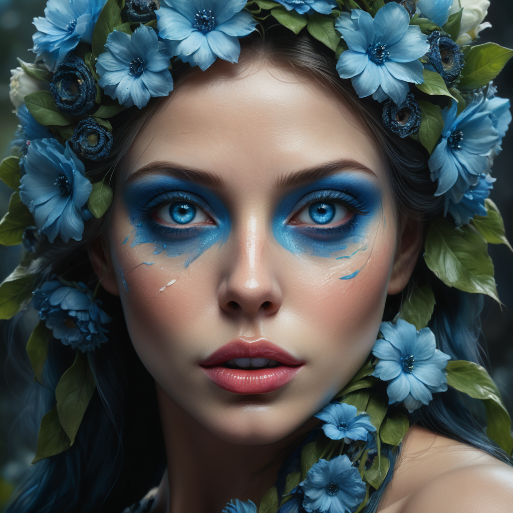 artistic profile highly detiled blue female face covered with flowers, blue eyes, massive lips