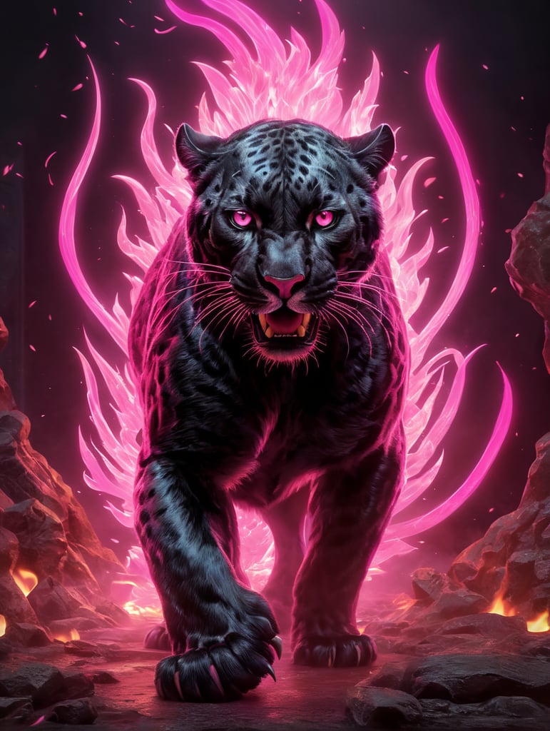 A furry cute panther looking at the camera surrounded by neon pink flames
