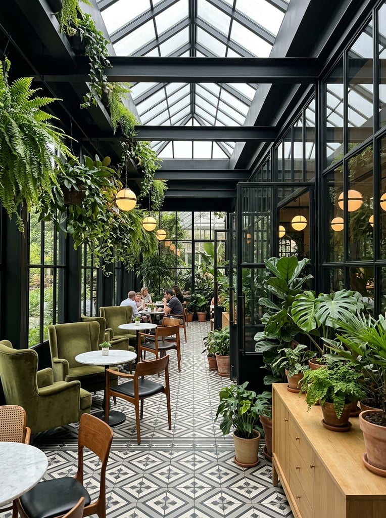A sophisticated greenhouse lounge blends classic architectural elegance with abundant botanical elements under a bright pitched skylight. Tall black metal-framed glass walls partition the space, resting on an intricately patterned floor of black, white, and gray geometric tiles. Olive green upholstered high-back armchairs and sleek mid-century wooden chairs surround small round white marble cafe tables. Lush ferns cascade from overhead black structural beams, joining large potted broadleaf plants on a light wooden foreground credenza. Warm spherical pendant lights reflect in the expansive multi-paned windows. The deep eye-level perspective captures the striking contrast between the rigid black architectural grid structures and the soft organic green foliage illuminated by diffused natural daylight.