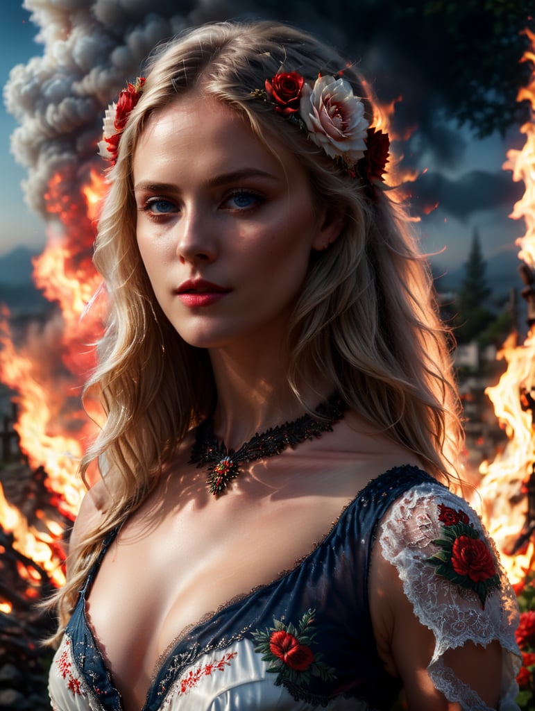 Portrait of a blonde with gray-blue eyes standing at night against a background of fire in a white transparent dress with red and white patterns of Balkan folklore and roses on her head in her hair, cinematic, photorealistic