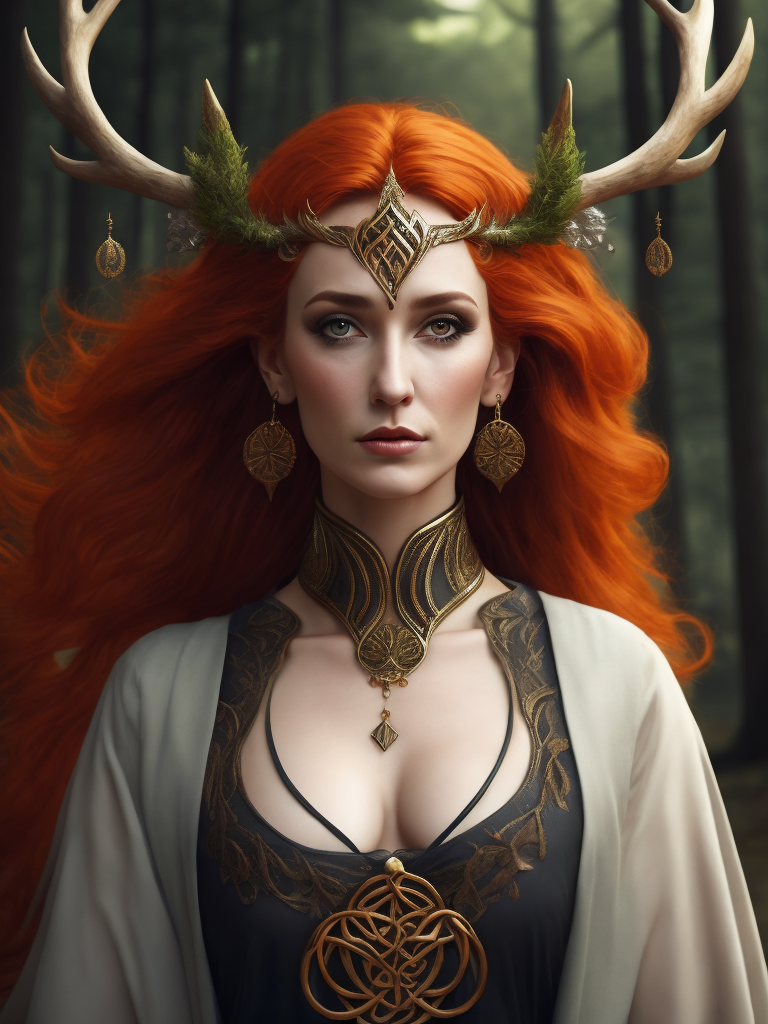 celtic pagan red haired woman wearing antlers on her head, regal goddess, beautiful, in a forest, wearing ancient goddess robes with celtic embroidery, has a staff, dark evening background