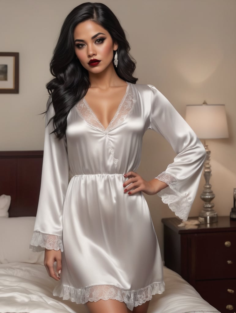 Photorealistic image of a woman in her 30's. She has medium length, wavy black hair. She is wearing black eyeshadow and thick eyeliner. Her lips are painted with dark red lipstick. She is wearing a short, white, satin nightgown. The image must show her entire body.