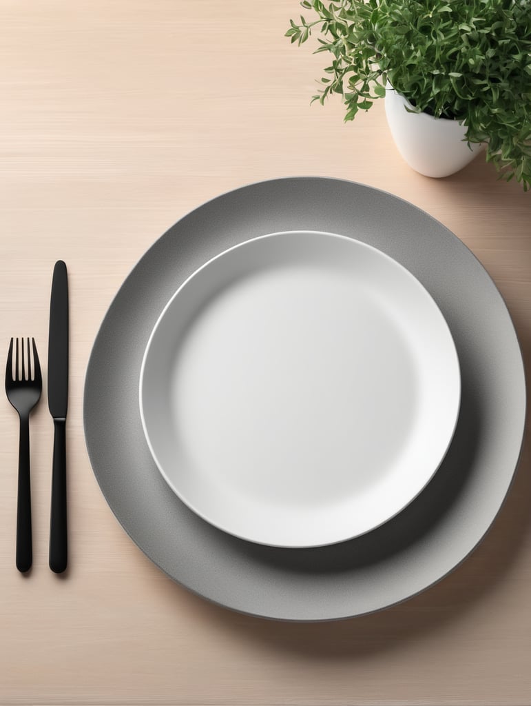 modern kitchen table, empty plate, mockup