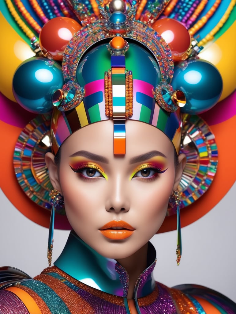 A beautiful female multicoloured pop sleek futuristic with huge headpiece center piece, clean makeup, with depth of field, captured in vivid colors, minimalist