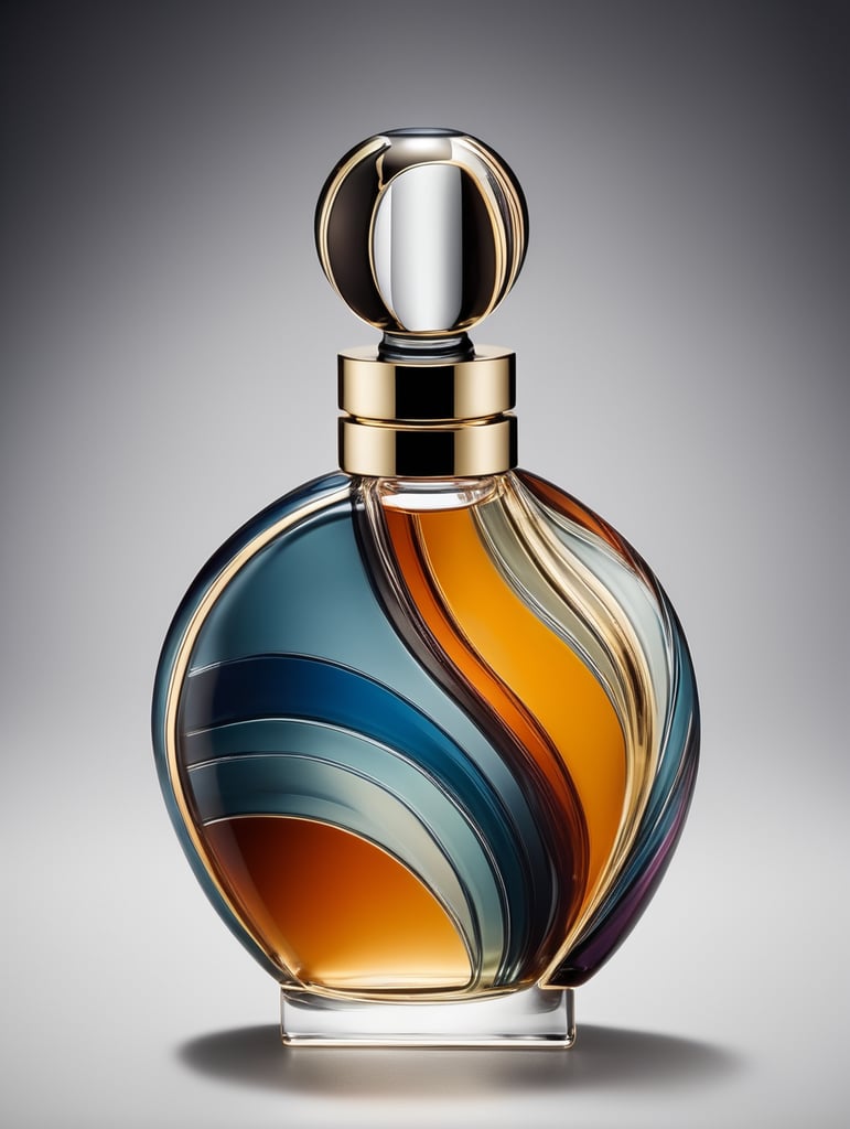 perfume bottle with a abstract look, Design a distinctive statement piece that draws attention to itself through bold use of size, shape, color and complexity.