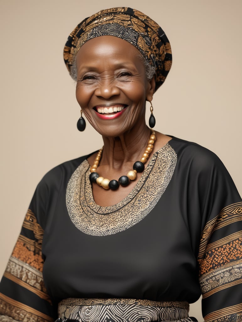 African elderly woman wearing a black African PATTERNED outfit while smiling at the camera