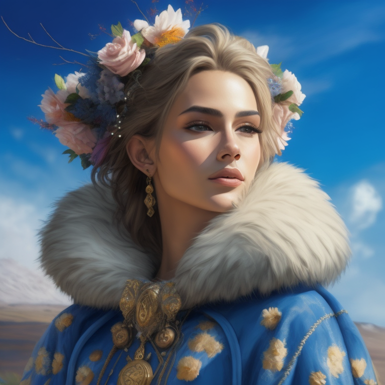 the girl is a smilling smile model, standing tall, dressed in a fur coat, a colorful fur coat, flowers are depicted on the fur coat, a scarf on her head, an elegant pose, blue sky, summer, smears of oil paint, muted color, grain, Joe Madureira's Masterpiece inspired by Magali Villeneuve, Ann Stokes, Luis Royo and WLOP, 8k Ultra HD. --s 250