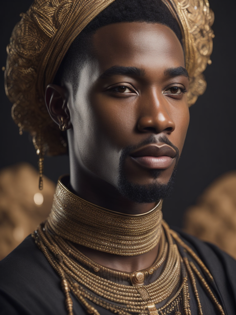 An african king in traditional clothing, portrait, hyper-realistic, dark style, focus on face, sharp on details, black background