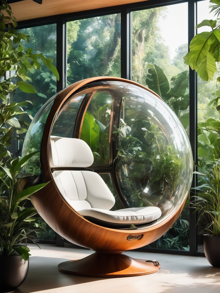 Futuristic sci-fi pod chair, flat design, product-view, exclusive photography, transparent orb, natural lighting, plants around, natural daytime lighting, natural wooden environment