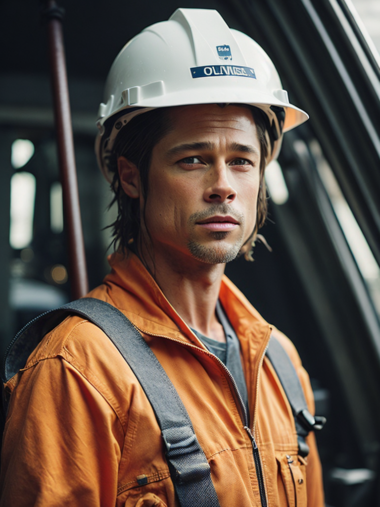 portrait of Brad Pitt as oil worker, wearing a white plastic helmet and orange robe