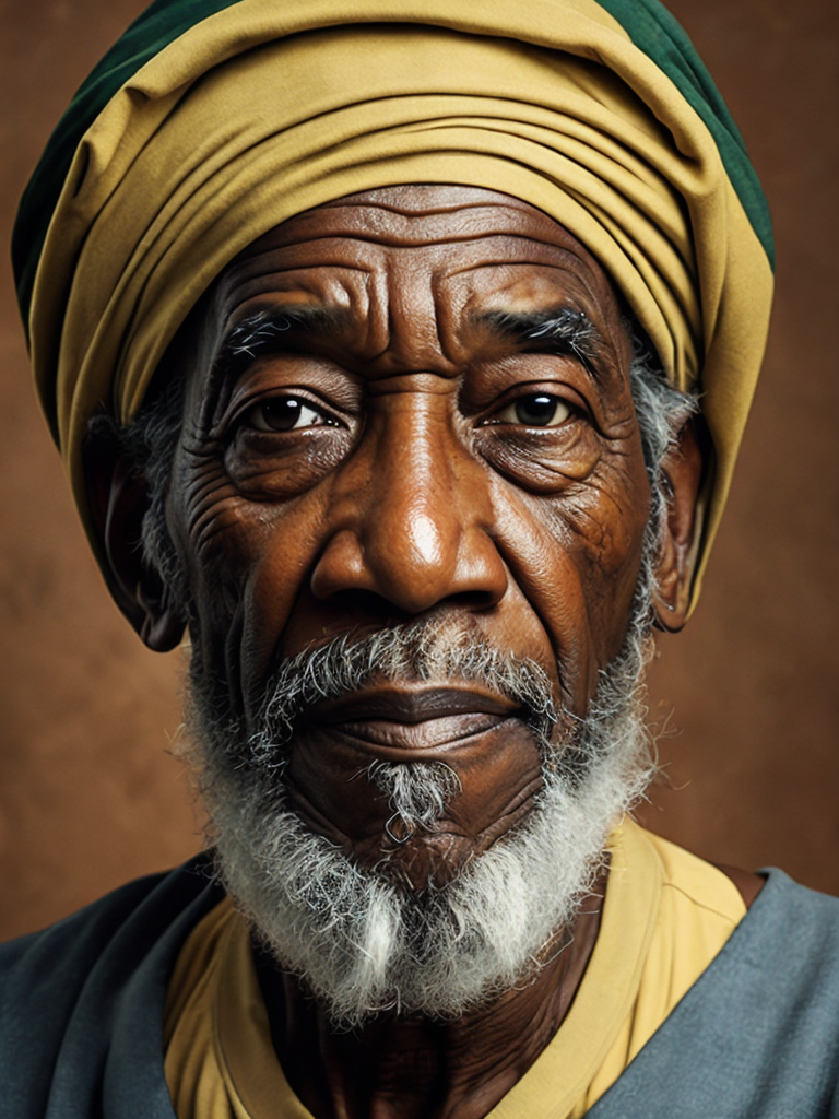 Jamaica's Old Man, portrait, realistic image, lots of details, wearing turban