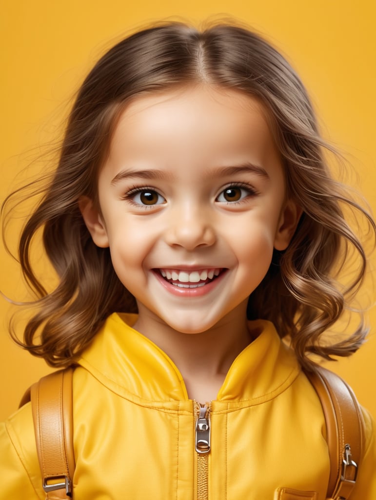 photo happy little girl going to travel, cute girl, dressed in all yellow, yellow background, harpers bizarre, cover, headshot, hyper realistic